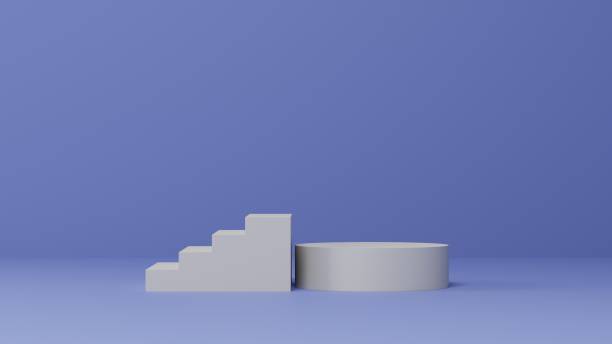 istock blue background with white geometry pedestal or podium mockup, empty platform for product showcase and presentation, 3d rendering 1488267603