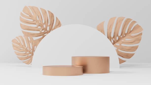istock minimal white and gold pedestal or podium mockup display, empty platform for product showcase and presentation, clean stage, 3d rendering 1488267851