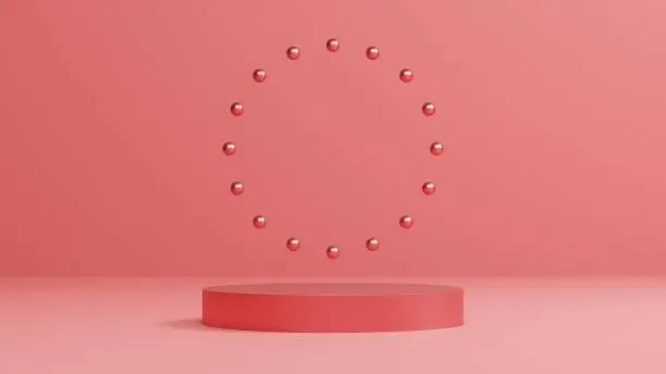 Photo of minimal pink and rose gold pedestal or podium mockup display, empty platform for product showcase and presentation, clean stage, 3d rendering