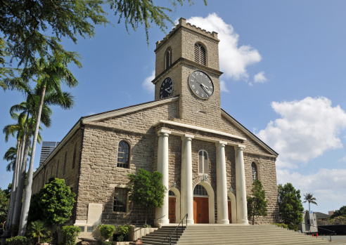 Picture of Kawaiahao church, known as Hawaii’s Westminster Abbey, build in 1842 of some 14,000 thousand-pound slabs of coral rock quarried from an offshore reef in Honolulu on the Island of Oahu. This Church is a historic Congregational church, a U.S. National Historic Landmark included in National Register of Historic Places. At one time the national church of the Hawaiian Kingdom and chapel of the royal family, reigning Kamehameha Dynasty and Kalakaua Dynasty.