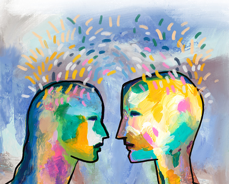 Couple communication- man and woman head profile view facing each other, love, empathy, trust.