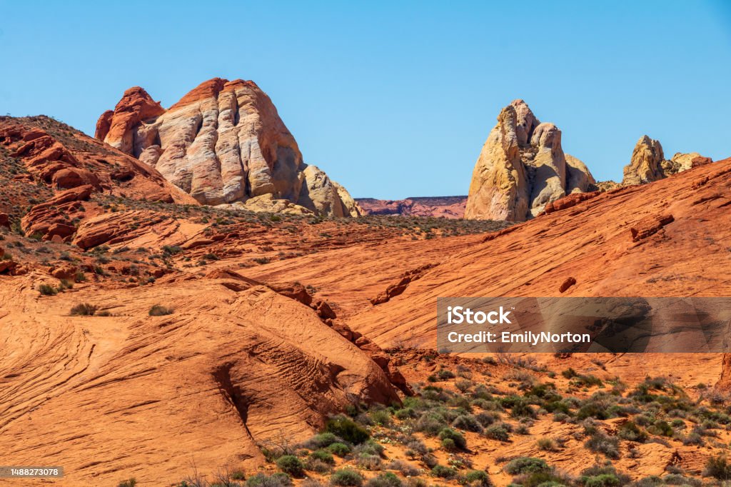 Valley Of Fire State Park Red rock formations of the scenic desert landscape located in the Valley Of Fire State Park, Nevada, USA. Desert Area Stock Photo