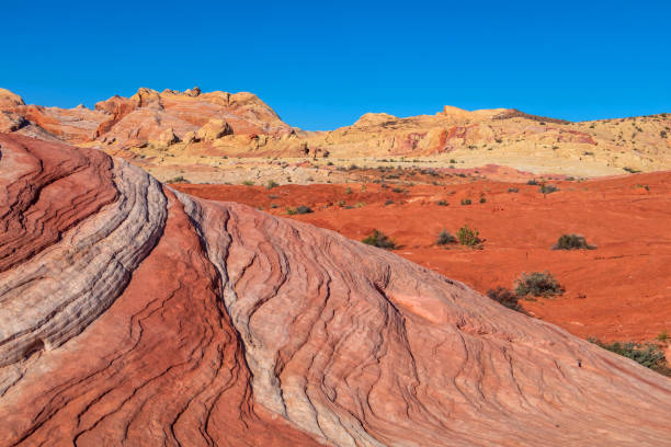 Red rock formations of the scenic desert landscape located in the Valley Of Fire State Park, Nevada, USA.