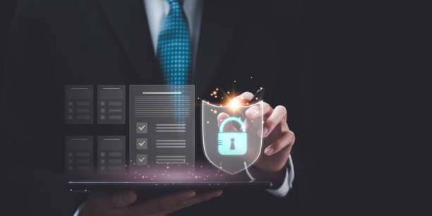 istock Businessman showing data access protection with key icon , 1488275822
