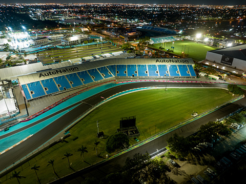 Miami, FL, USA - May 7, 2023: Night photo Formula One F1 Grand Prix race Miami Hard Rock Stadium