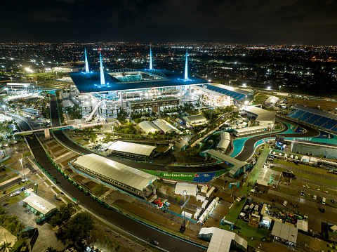 Miami, FL, USA - May 7, 2023: Night photo Formula One F1 Grand Prix race Miami Hard Rock Stadium