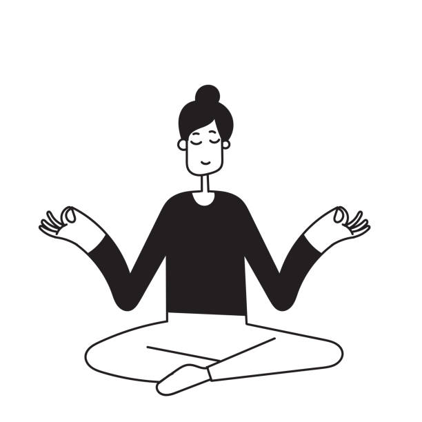 ręcznie rysowany doodle happy calm kobieta medytująca ilustracja wektor - yoga lotus zen like buddhism stock illustrations