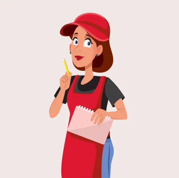Vector illustration of Waitress Holding a Pen and Notepad Taking Order Vector Cartoon