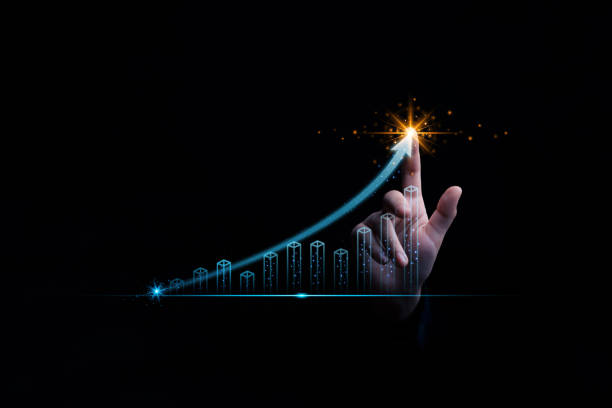 istock Business hand control analysis growing target of statistics graph and up arrow for trader to investment, the best business growth and strategy development and planning to success of the year. 1488280894