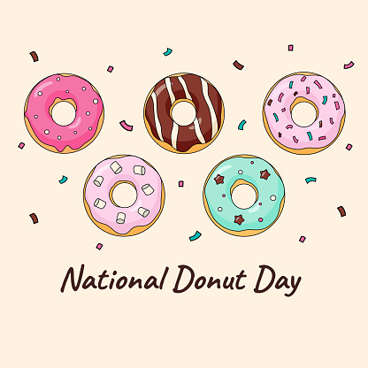 National Donut Day cartoon greeting card or flyer design. Square holiday vector pastel colored illustration with text on beige background.