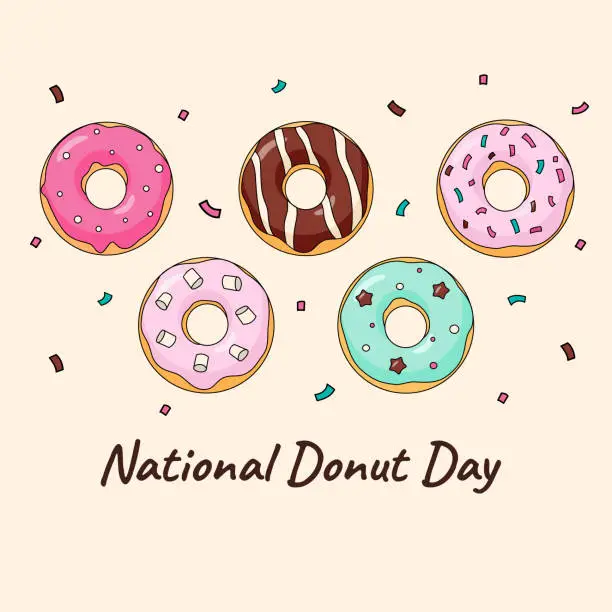 Vector illustration of National Donut Day cartoon colorful greeting card or flyer vector square background template