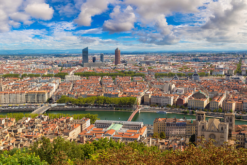 Aerial panoramic view of Lyon, France in a beautiful summer day
