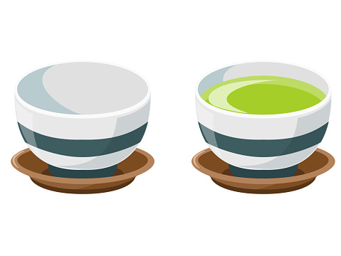 Japanese teacup and teacup with tea icon set. Vector image