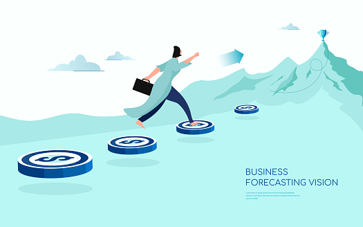 Business concept illustration of a businesswoman running on coin looking to the top of a mountain. Strategy, planning, forecast in business concept