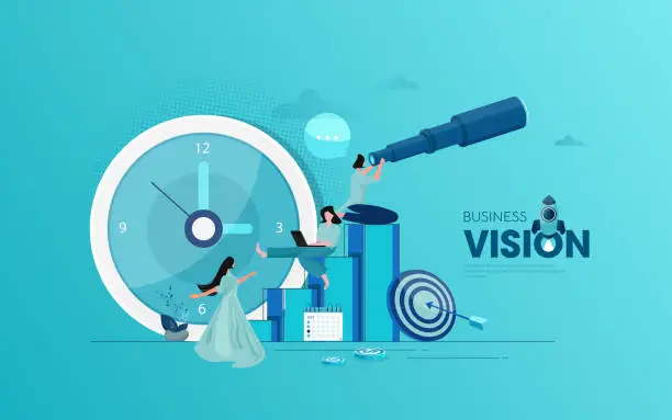 Vector illustration of Businesswoman observes through a telescope, business concept