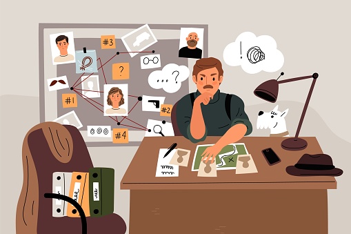 Private detective works. Professional inspector collects evidence or makes logical chains. Police station office. Man sitting at table. Investigation board. Thoughtful policeman. Garish vector concept