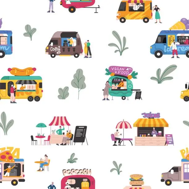 Vector illustration of Street food market seamless pattern. Happy people buy and try products. Repeated print. Restaurant trucks. Gastronomic festival. Marketplace kiosks. Vendors at counters. Vector background