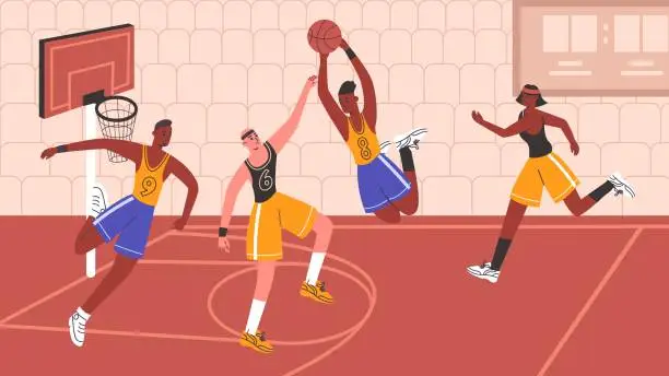 Vector illustration of Basketball match. Professional athletes in uniform play on indoor court. Sportsman characters in different poses. Streetball defense and attack. Basketballers playground. Vector concept