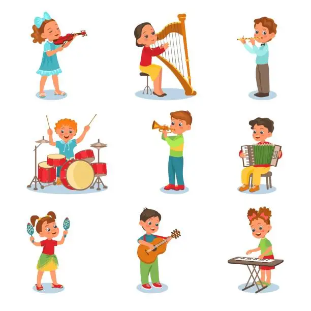 Vector illustration of Children playing music instruments. Little musicians. Boys and girls with violin. Musical performance. Harp or accordion players. Orchestra concert. Drums and guitar. Splendid vector set