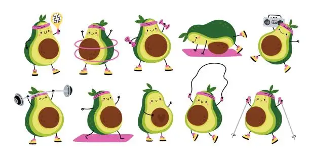 Vector illustration of Cute avocado athlete. Cartoon character doing sport exercises. Vegetarian mascot in different poses. Healthy vegetable with funny smile face. Workout and active game. Garish vector set