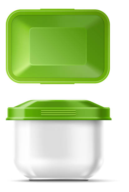 ilustrações de stock, clip art, desenhos animados e ícones de transparent food container. realistic plastic product box with green cap. meal storage packaging mockup. square pot. top and side view. snack pack. vector isolated empty reusable package - lunch box lunch bucket box