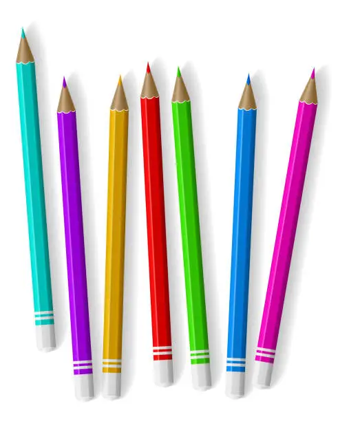 Vector illustration of Realistic school supply. Office stationery. Sharpened wooden pencils. Drawing tools. Children painter education. Writing graphite pens. Different colors. Vector isolated crayons set