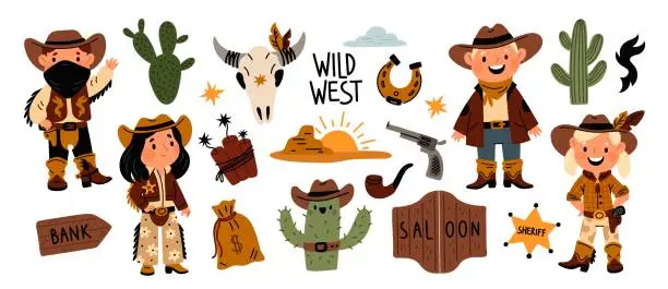 Vector illustration of Cartoon cowboys. Cute male and female Wild West characters. Sheriff badge. Desert cactus. Western boys and girls. Prairie landscape. Gun and dynamite. Garish vector isolated elements set