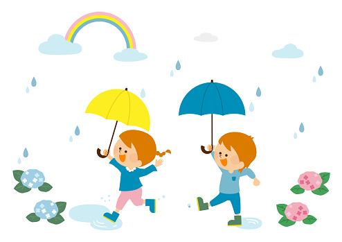 Rainy season Illustration material of a boy and a girl holding an umbrella