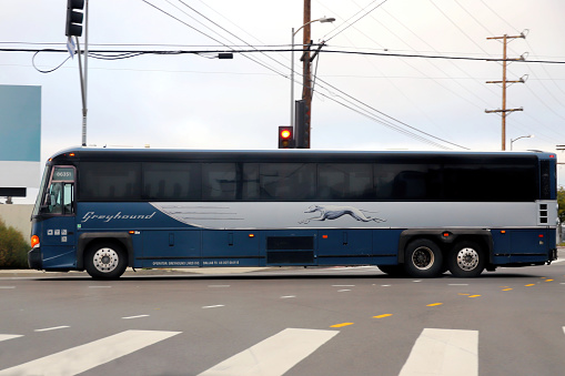 Los Angeles, California, USA -  March 12, 2023: Greyhound Intercity Bus.