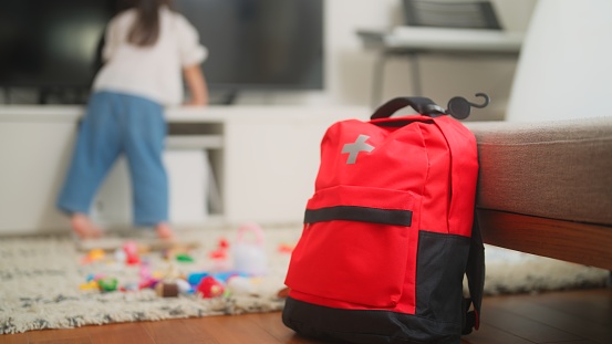 An emergency bag on hard flooring in living room at home