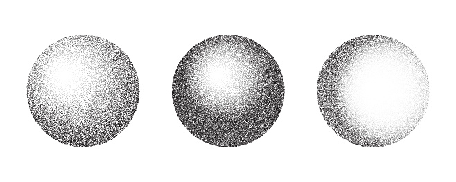 Grainy circles with noise dotted texture. Gradient balls with shadow on white background. Abstract planet sphere with halftone stipple effect. Vector shapes collection.