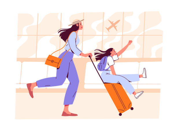 Mother rides her daughter on suitcase at airport Mother rides her daughter on suitcase at airport carefree stock illustrations