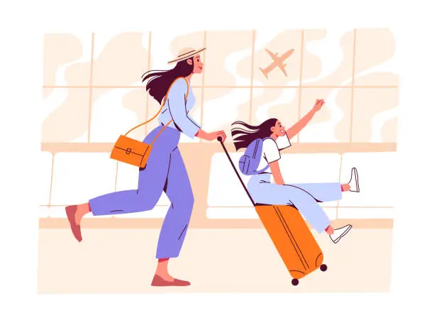 Vector illustration of Mother rides her daughter on suitcase at airport