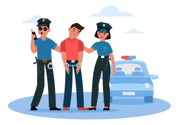 Vector illustration of Two policemen and woman arrested criminal and handcuffed him. Lawbreaker punishment. Detention of male citizen, cops and hooligan character. Cartoon flat style isolated vector concept