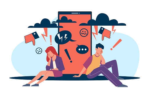 Depressed boyfriend and girlfriend victim of Internet bullying, cyberbullying, online violence. Girl and boy with huge smartphone. Hate in social media. Cartoon flat style isolated vector concept