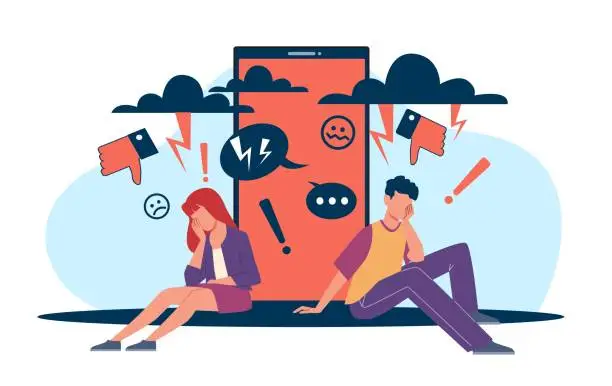 Vector illustration of Depressed boyfriend and girlfriend victim of Internet bullying, cyberbullying, online violence. Girl and boy with huge smartphone. Hate in social media. Cartoon flat style vector concept