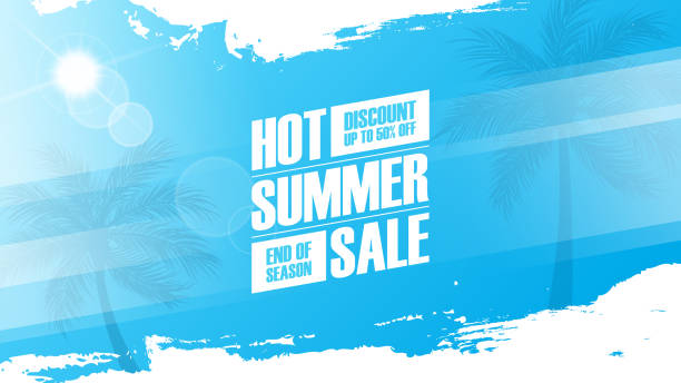 Hot Summer Sale. Summertime commercial banner with palm trees, summer sun and white brush strokes for business, seasonal shopping, promotion and sale advertising. Hot Summer Sale. Summertime commercial banner with palm trees, summer sun and white brush strokes for business, seasonal shopping, promotion and sale advertising. Vector illustration. summer background stock illustrations