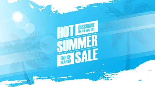 Vector illustration of Hot Summer Sale. Summertime commercial banner with palm trees, summer sun and white brush strokes for business, seasonal shopping, promotion and sale advertising.