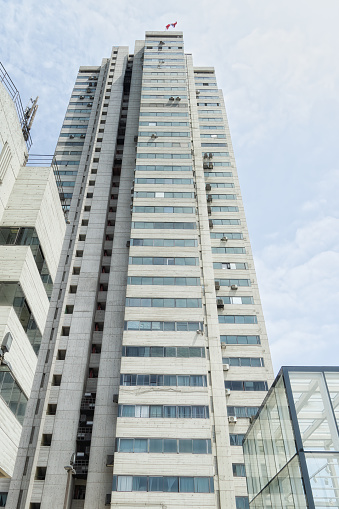 Low angle view of the Civic centre building tower in Lima, Peru