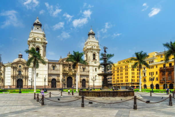 Municipal Palace of Lima and fountain in Plaza de Armas, Lima, Peru, South America stock photo