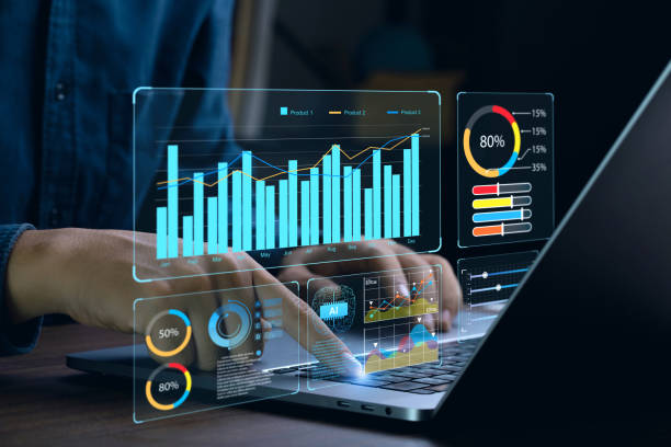 businessman works on laptop showing business analytics dashboard with charts, metrics, and kpi to analyze performance and create insight reports for operations management. data analysis concept.ai - solução imagens e fotografias de stock