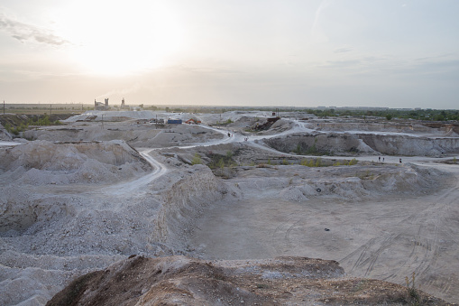Limestone quarry in the village of Chalk Hills, West-Kazakhstan region, the city of Uralsk. Lime quarry for the production of bricks. Piles of chalk stones.