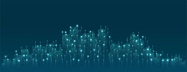 Vector illustration of Abstract cityscape with bright glowing lights.