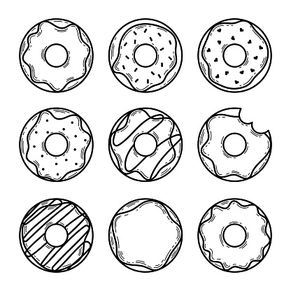 Set of doodle donuts black line. Collection of cute doughnuts in doodle style. Outlined anti-stress coloring page donuts set. set of Donut Doodles. Sketch of cute donuts. Color the set of donuts.