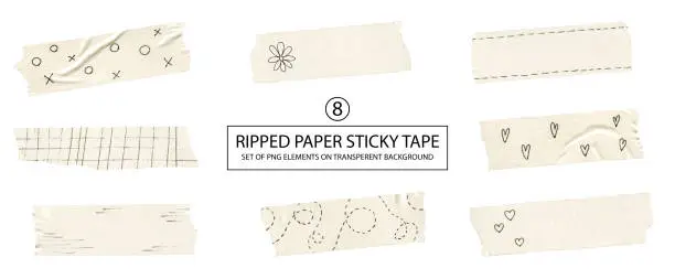 Photo of Set of ripped paper sticky tape with hand drawing ornament