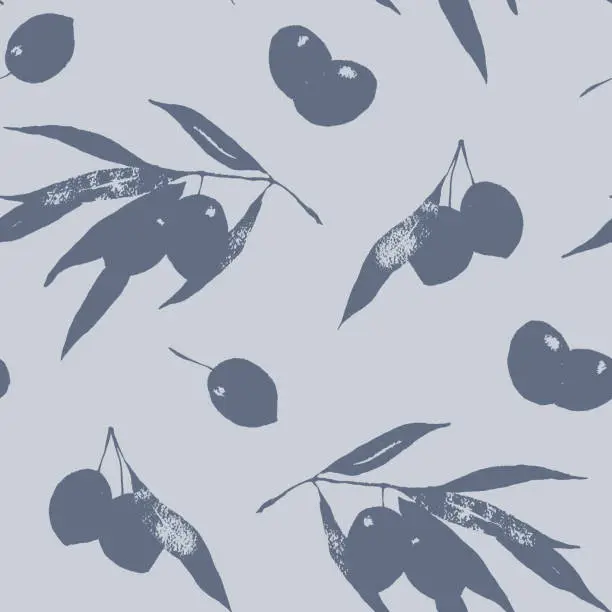 Vector illustration of Olive silhouettes botanical seamless patten on grey background