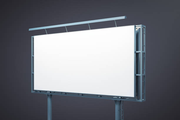 istock Blank white horizontal billboard isolated on dark background, perspective view. Mock up, 3D Rendering 1488300572