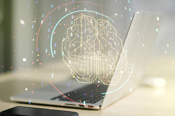 istock Double exposure of creative human brain microcircuit with computer on background. Future technology and AI concept 1488300684