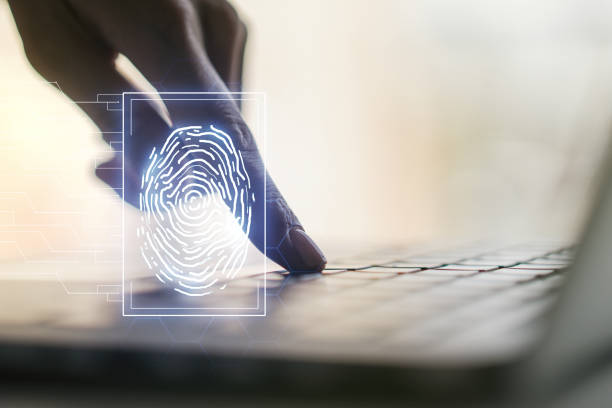 istock Multi exposure of abstract graphic fingerprint sketch with hands typing on computer keyboard on background, fingerprint scan data concept 1488300822