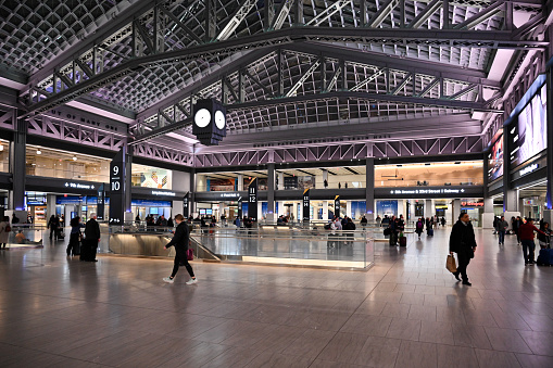 New York City, United States, April 9, 2023 - The Moynihan Train Hall at Penn Station, New York.
